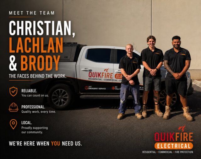 👋 Meet more of the QuikFire crew!

⚡ Christian – 4th Year Apprentice, rugby player and family man.

🌎 Lachlan – Qualified Tradesman with a passion for travel and adventure.

🏍️ Brody – 1st Year Apprentice who loves motorbikes, cars and getting hands-on in the trade.

We’re proud to have a team that’s passionate about delivering quality electrical work across Perth.

📞 1300 843 063

#QuikFireElectrical #PerthElectrician #LocalBusiness #tradiesofperth