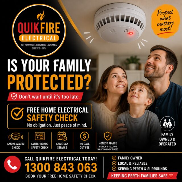 🚨 Is your family protected? 🚨

Most people don’t think about their smoke alarms until it’s too late.

Book a FREE Home Electrical Safety Check with QuikFire Electrical.

✅ Smoke alarms checked
✅ Switchboard safety check
✅ No call-out fee
✅ Same-day service available
✅ Honest advice, no pressure

🏠 Keeping Perth families safe, one home at a time.

📞 1300 843 063 or DM us to book.

#QuikFireElectrical #PerthElectrician #SmokeAlarms #HomeSafety #FamilySafety

👉 Comment “SAFE” below and we’ll message you to arrange your free safety check.